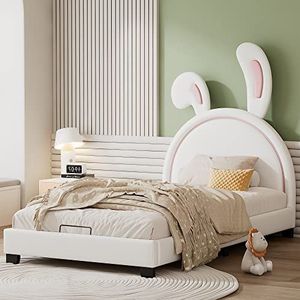 SOFTWEARY Eenpersoonsbed met lattenbodem en hoofdeinde, gestoffeerd bed, bekleding van kunstleer, jeugdbed, kinderbed (wit, 90x200 cm)