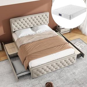 SOFTWEARY Gestoffeerd bed met lattenbodem en 4 laden, gevoerd hoofdeinde in hoogte verstelbaar, linnen overtrek, tweepersoonsbed, jeugdbed (beige 140x200 cm, 7 zones 25 cm binnenvering matras - H3)