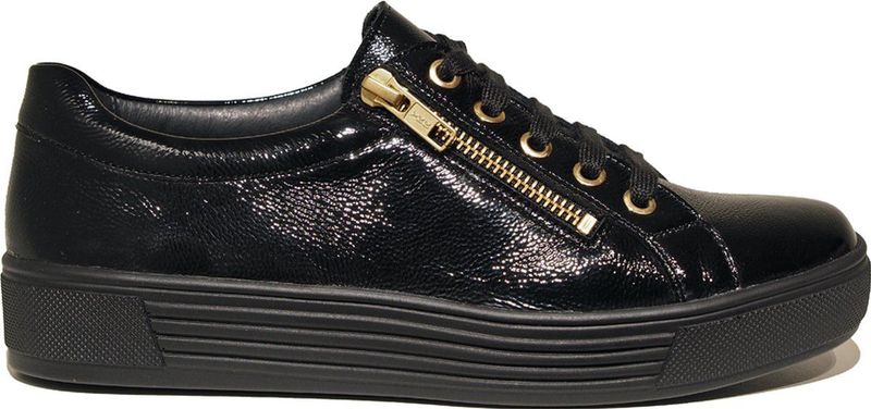 Solidus - Dames - Sneakers - Zwart - Lak - Comfortabele Veterschoenen