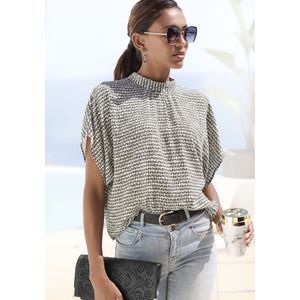 Damesblouse - Crème/Zwart - All-Over Print - Korte Mouwen - Staande Kraag