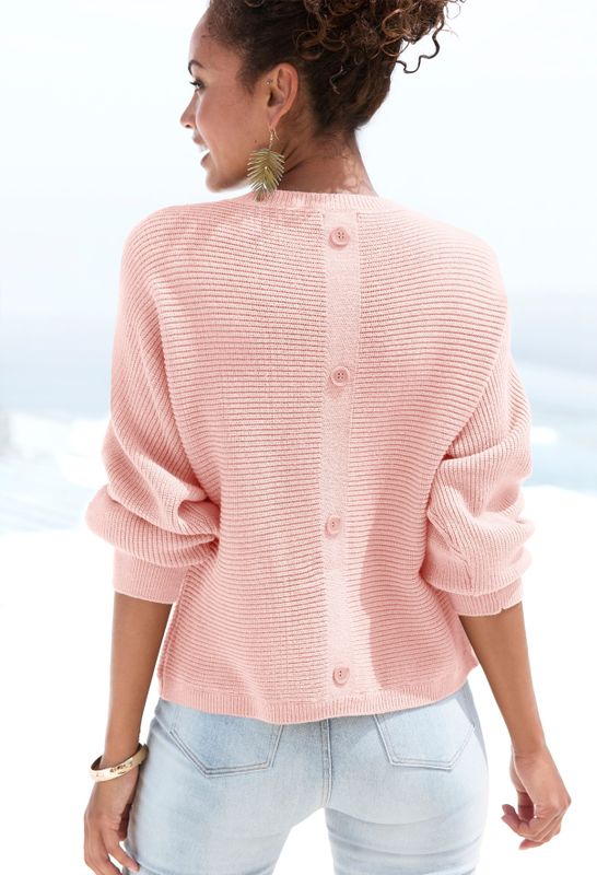 LASCANA Rundhalspullover, mit Zierknöpfen hinten, lockerer Strickpullover