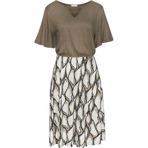 Jerseyjurk - Crème/Kaki - Met Cut-Out - Wijde Mouwen - Alloverprint