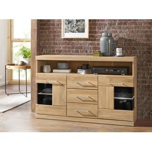 Home affaire Sideboard Ribe,125cm breit, Fronten Massivholz,5 Fächer,Böden versetzbar, Korpus Holzwerkstoff,Türen mit Glaseinsatz,3 Schubladen,Metallgriffe