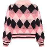 Jalene Chique contrasterende gebreide trui met ruitvormige rolkraag, roze geruit, maat XS/S, roze, geruit, XS