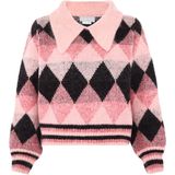 Jalene Chique contrasterende gebreide trui met ruitvormige rolkraag, roze geruit, maat XS/S, roze, geruit, XS