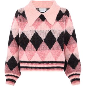 Jalene Chique contrasterende gebreide trui met ruitvormige rolkraag, roze geruit, maat XS/S, roze, geruit, XS