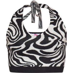 Mymo - Kropp-Top - Crop Top - Wit/Zwart - Gebreid met Abstract Patroon