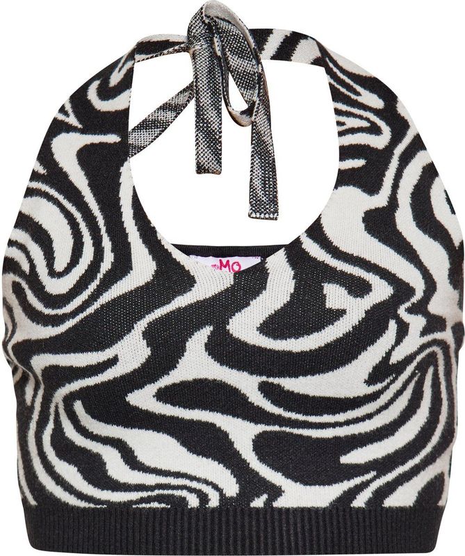 Mymo - Kropp-Top - Crop Top - Wit/Zwart - Gebreid met Abstract Patroon
