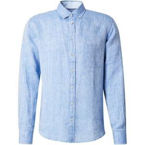 Fynch Hatton linnen overhemd middenblauw borstzak