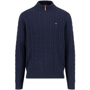 Fynch-Hatton Heren trui met rits blauw (Maat: S) - Kabelpatroon - Halslijn: Opstaande kraag met rits,
