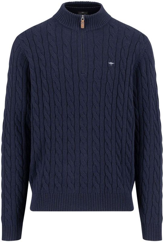 Fynch-Hatton Heren trui met rits blauw (Maat: S) - Kabelpatroon - Halslijn: Opstaande kraag met rits,