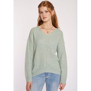 Gebreide Trui - Sage Green Marl - V-hals - Lange Mouwen - Ribboord