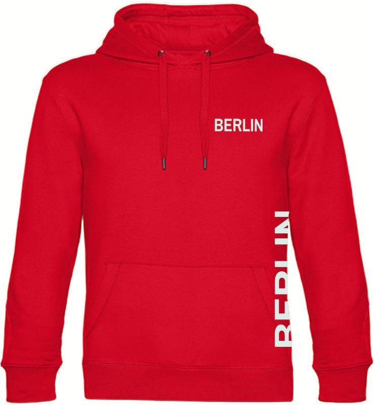 multifanshop Kapuzen Sweatshirt - Berlin rot - Brust & Seite - Druck weiß - Hoodie