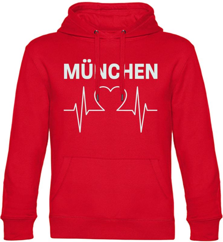 multifanshop Kapuzen Sweatshirt - München rot - Herzschlag - Druck weiß - Hoodie