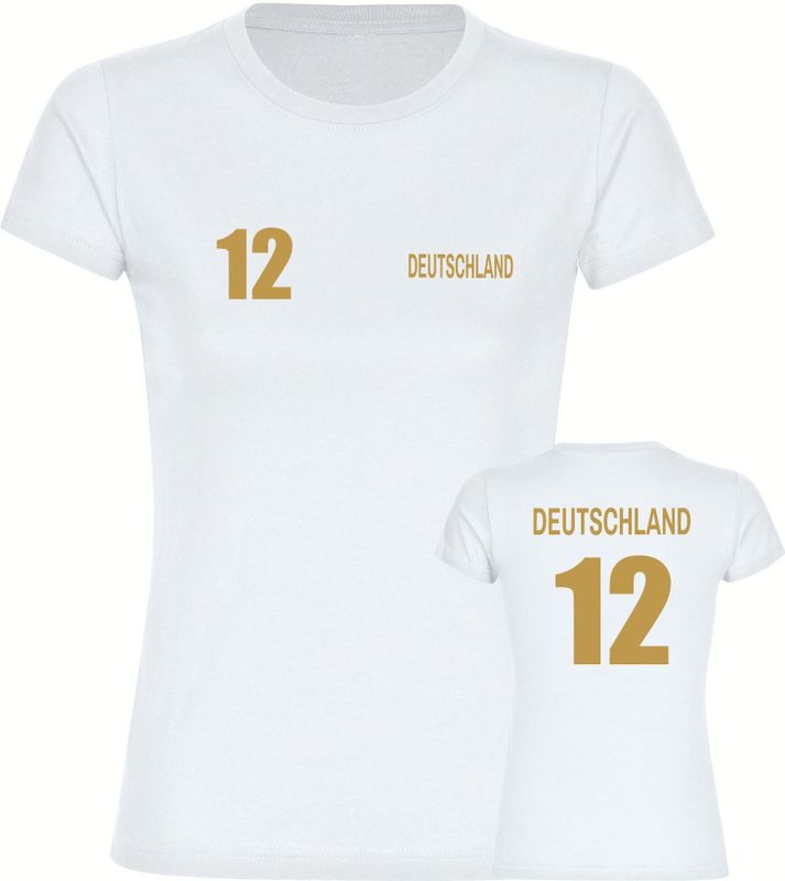 multifanshop Damen T-Shirt - Deutschland - Trikot Nummer 12 Gold - Druck gold metallic - Frauen