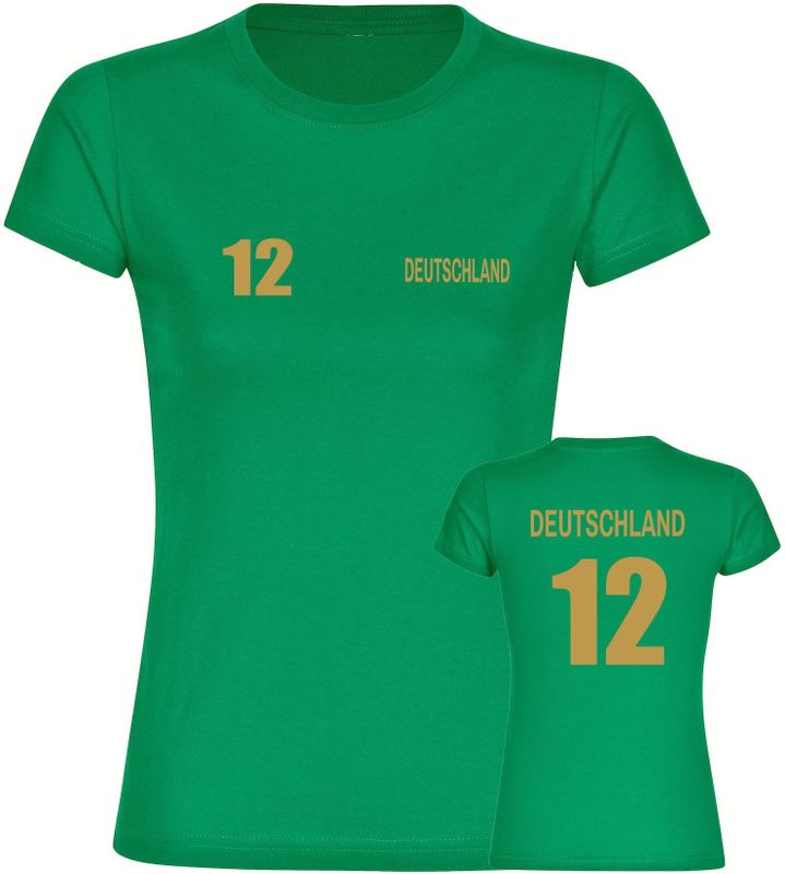 multifanshop Damen T-Shirt - Deutschland - Trikot Nummer 12 Gold - Druck gold metallic - Frauen