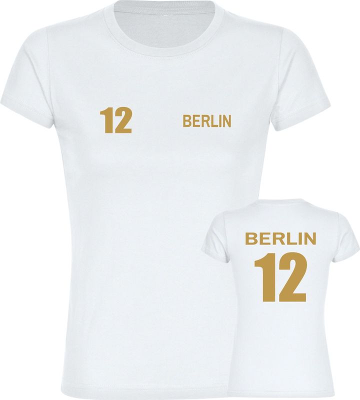multifanshop Damen T-Shirt - Berlin rot - Trikot Nummer 12 gold - Druck gold metallic - Frauen