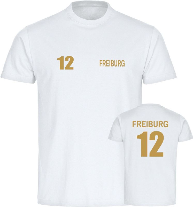 multifanshop Herren T-Shirt - Freiburg - Trikot Nummer 12 gold - Druck gold metallic - Männer