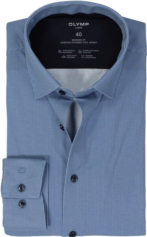 OLYMP - 24/7 Overhemd - Blauw Dessin - Strijkvriendelijk - Katoen