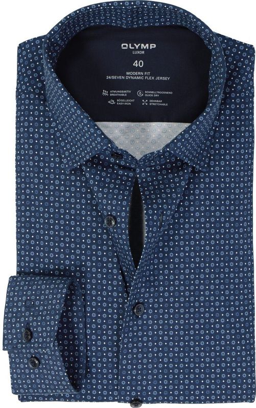 OLYMP - Heren Overhemd - Marine Blauw - Jersey - Modern Fit