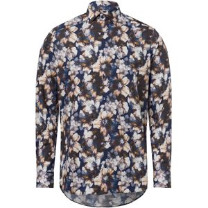 OLYMP - Overhemd - Blauw met Beige Bloemen - Poplin - Body Fit