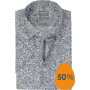 OLYMP comfort fit overhemd, korte mouw, dobby, wit met blauw en beige bloemetjes dessin