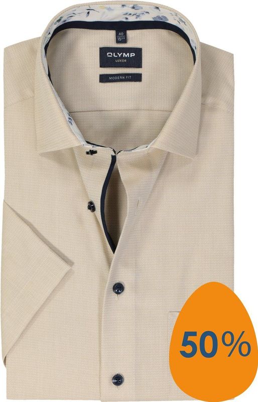 OLYMP - Overhemd - Beige - Korte Mouwen - Strijkvrij - Modern Fit