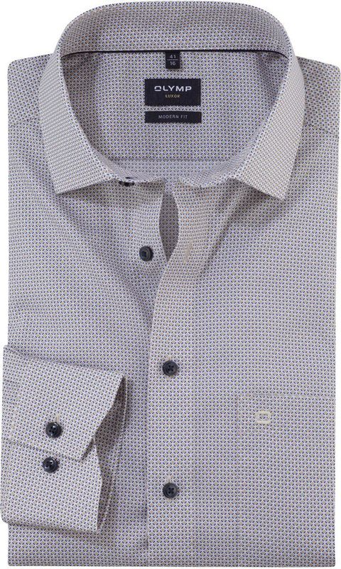 Olymp - Overhemd - Beige Blauw - Katoen - Modern Fit