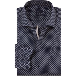 Olymp - Overhemd - Donkerblauw - Geprint - Borstzak - Modern Fit