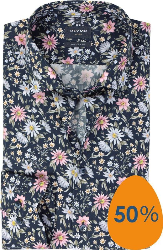 Olymp - Luxor - Overhemd - Donkerblauw - Katoen/Polyester - Bloemenpatroon