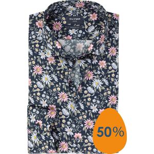 OLYMP - Modern Fit - Overhemd - Marine Blauw Dessin - Popeline - Strijkvrij