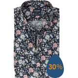 OLYMP - Modern Fit - Overhemd - Marine Blauw Dessin - Korte Mouw - Strijkvrij