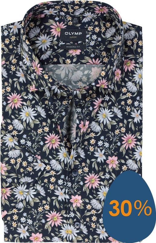 OLYMP - Modern Fit - Overhemd - Marine Blauw Dessin - Korte Mouw - Strijkvrij