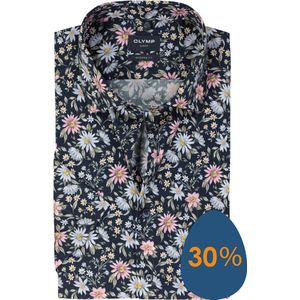 OLYMP modern fit overhemd - korte mouw - popeline - marine blauw dessin - Strijkvrij - Boordmaat: 42