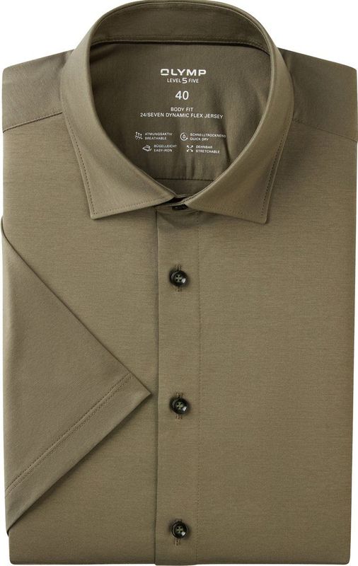 OLYMP - 24/7 Level 5 - Overhemd - Grijsgroen - Body Fit, Korte Mouwen, Jersey Weving, Easy Iron