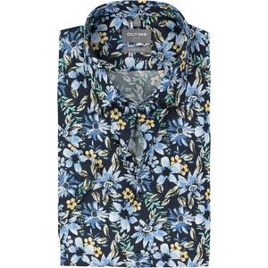 OLYMP comfort fit overhemd, korte mouw, popeline, donkerblauw met groen, geel en lichtblauw bloemen dessin
