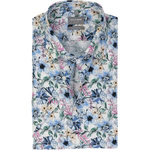 OLYMP comfort fit overhemd, korte mouw, popeline, wit met blauw, groen en roze bloemen dessin