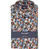 OLYMP - Modern Fit - Overhemd - Groen met Blauw Rood en Wit Bloemen Dessin - Korte Mouw - Popeline