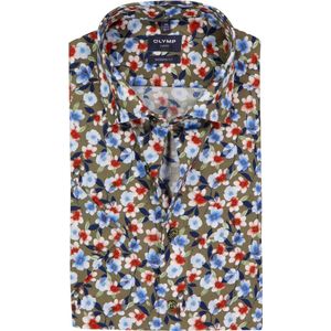 OLYMP - Modern Fit - Overhemd - Groen met Blauw Rood en Wit Bloemen Dessin - Korte Mouw - Popeline