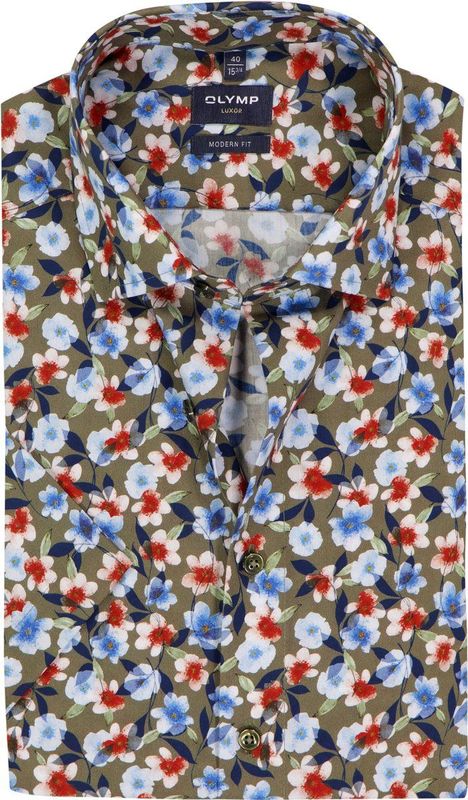 OLYMP - Modern Fit - Overhemd - Groen met Blauw Rood en Wit Bloemen Dessin - Korte Mouw - Popeline