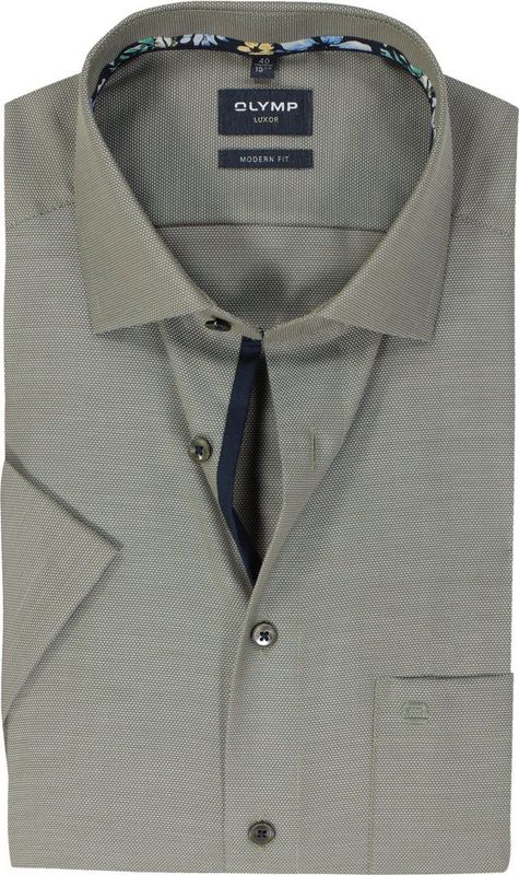 OLYMP - Modern Fit - Overhemd - Olijfgroen - Korte Mouw - Strijkvrij