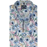 OLYMP modern fit overhemd, korte mouw, popeline, wit met blauw, groen en roze bloemen dessin