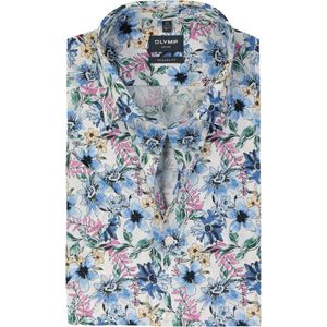 OLYMP modern fit overhemd, korte mouw, popeline, wit met blauw, groen en roze bloemen dessin