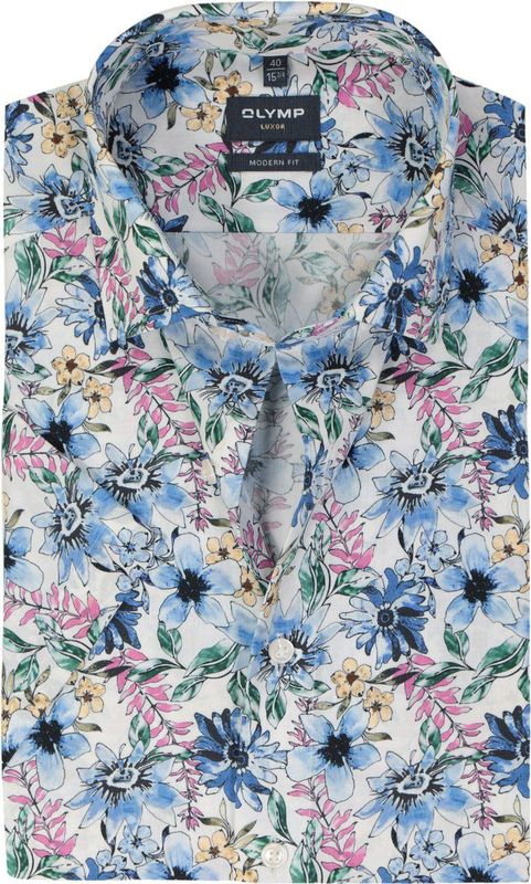 OLYMP modern fit overhemd, korte mouw, popeline, wit met blauw, groen en roze bloemen dessin