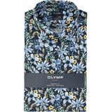 OLYMP modern fit overhemd, korte mouw, popeline, donkerblauw met groen, geel en lichtblauw bloemen dessin