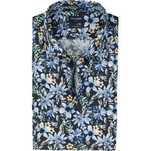 OLYMP modern fit overhemd, korte mouw, popeline, donkerblauw met groen, geel en lichtblauw bloemen dessin