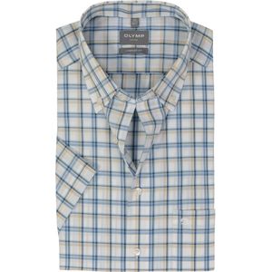 OLYMP - Comfort Fit - Overhemd - Wit met Blauw en Beige Geruit - Korte Mouw - Strijkvrij