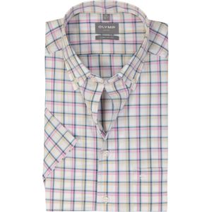 OLYMP comfort fit overhemd, korte mouw, popeline, wit met blauw, beige en roze geruit