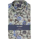OLYMP - Luxor - Licht Grijsgroen Overhemd - Dobby - Modern Fit - Blauw Bloemen Dessin