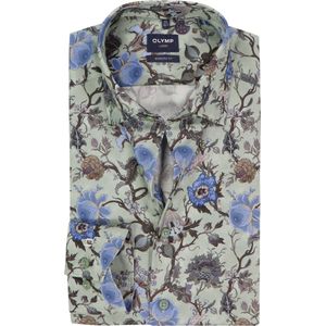 OLYMP - Luxor - Licht Grijsgroen Overhemd - Dobby - Modern Fit - Blauw Bloemen Dessin
